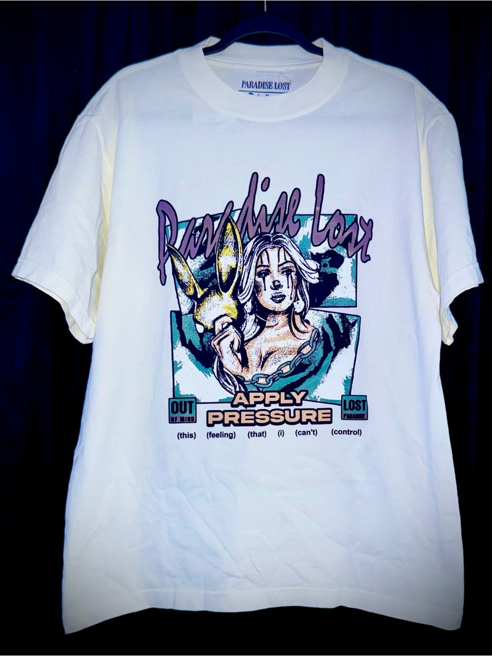 Paradise Lost 'Apply Pressure' Graphic Tee - White with Teal & Purple size M